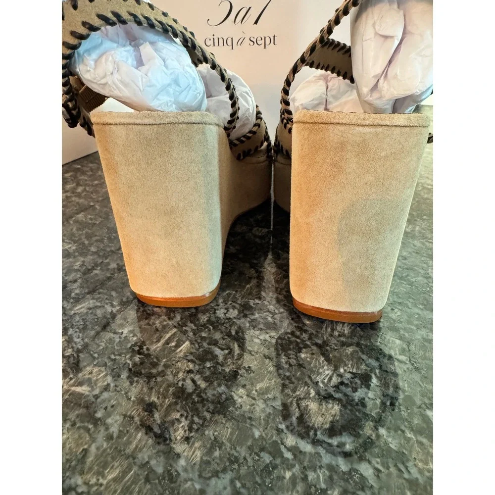 Cinq a Sept Sasha Whipstitch Suede‎ Wedge Sandals Brown Sugar Black Size 37 US 7